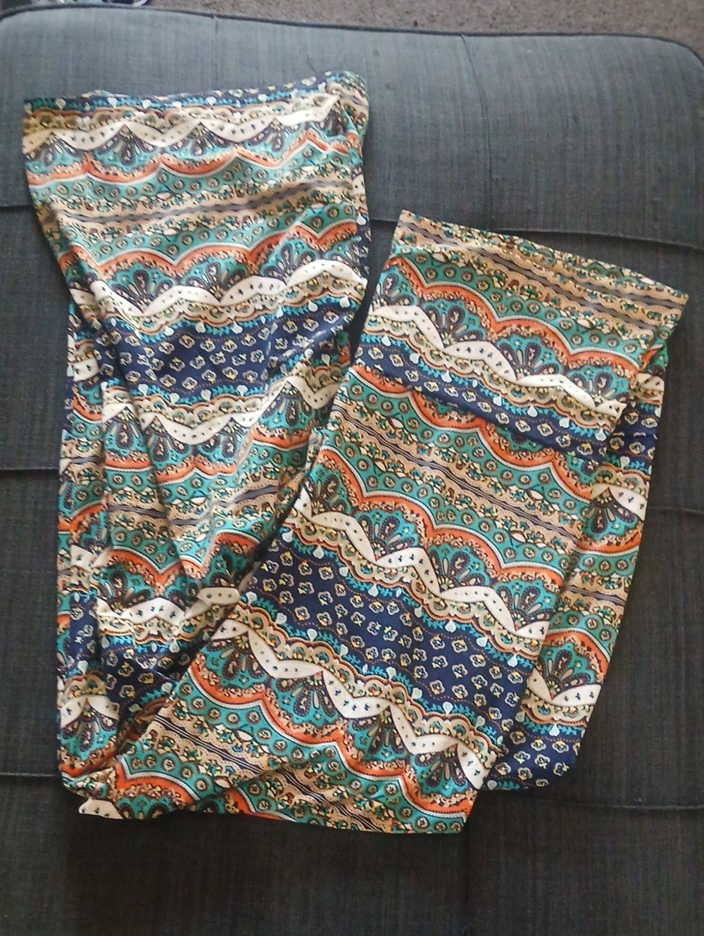 White Mark Women's Navy Teal & Orange Paisley Flare Pants